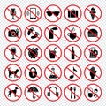 Prohibiting signs. Forbidden eating guns animals mobile phones eat child no vector signs collection