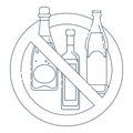 Prohibition alcohol. Sign ban bottle champagne beer vodka. Group of alcoholic beverages. Black and white illustration of bottle in
