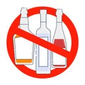 Prohibition alcohol. Sign ban bottle whiskey vodka red wine. Group of alcoholic beverages. Black and white illustration of bottle