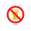 Prohibition alcohol. Sign no beer. Color illustration of a glass of beer in red crossed circle. Ban beverage flat line in modern