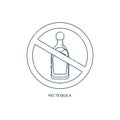 Prohibition alcohol. Sign no tequila. Color illustration of a glass of tequila in red crossed circle. Ban beverage flat line in