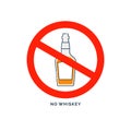 Prohibition alcohol. Sign no whiskey. Color illustration of a glass of whiskey in red crossed circle. Ban beverage flat line in