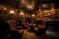 Prohibition - era speakeasy, hidden behind a secret door, where patrons enjoy smuggled liquors, jazz music, and delectable small