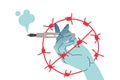 Prohibition of Independent Media with Hand Holding Fountain Pen and Ban Sign of Barbed Wire Vector Illustration