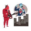 Prohibition of Independent Media with Red Man Cutting Speech Bubble with Reporter with Scissors Vector Illustration