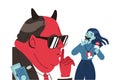 Prohibition of Independent Media with Red Man with Horns Hissing Woman Reporter with Taped Mouth Vector Illustration