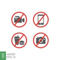 Prohibition no camera, no mobile phone, no video recording, no food and drink signboard icon Royalty Free Stock Photo