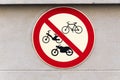 Prohibition sign for bikes, bicycles, motorbikes and motos Royalty Free Stock Photo