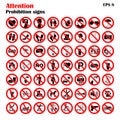 Prohibition sign icons collection, set of vector illustration on white. Red forbidden circle