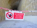 Valletta, Malta, August 2019. Prohibition sign on the background of the passage in the fortress wall.