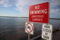 Prohibition sign swimming. No swimming allowed sign. Please don`t swim on the lake warning sign. Red indication informing to not s Royalty Free Stock Photo