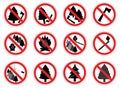 Prohibition signs of action in forest with trees, set, vector. Royalty Free Stock Photo