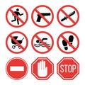 Prohibition signs set safety information vector illustration. Royalty Free Stock Photo