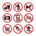 Prohibition signs set safety information vector illustration. Royalty Free Stock Photo