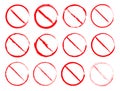 Prohibition symbol in grunge style. Not allowed sign set. Crossed red circle - forbidden icon. Vector illustration isolated on Royalty Free Stock Photo