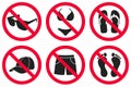 Prohibition symbols to control beachwear: no caps, no bikinis, no shorts, no walking barefoot, no slippers, no glasses. Set of