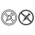 Prohibition of syringe injections line and solid icon, injections concept, No syringe sign on white background, drug