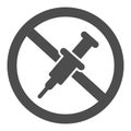 Prohibition of syringe injections solid icon, injections concept, No syringe sign on white background, drug addicts ban