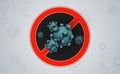 Prohibitory red sign with abstract silhouette of coronavirus elements. Sign of coronavirus COVID-2019. Asian flu
