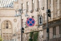 Prohibitory sign No Stopping installed on the street Royalty Free Stock Photo