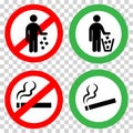 Prohibitory signs. Do not litter, do not smoke. Royalty Free Stock Photo