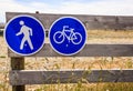 Prohibitory traffic sign. No car entry sign. No motor vehicle. Allow only bicycle and pedestrian on the wooden fence Royalty Free Stock Photo