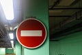 Prohibitory traffic sign in underground parking Royalty Free Stock Photo