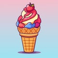 Ice cream cone with strawberry and whipped cream on blue background Vector illustration Royalty Free Stock Photo