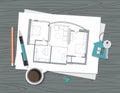 Project architect house plan and Key with symbol of house Royalty Free Stock Photo