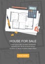 Project architect house plan with tools. Key with symbol of house. Construction background. Royalty Free Stock Photo