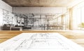 The project blueprint is on a drawing table isolated on white and has a clip Royalty Free Stock Photo