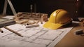 Project construction blueprints and engineering tools on wooden desk