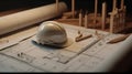 Project construction blueprints and engineering tools on wooden desk