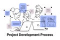 Project development process team collaboration laptops doodle style with abstract shapes and lines digital workspace