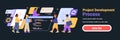 Project development process teamwork coding collaboration diverse people interacting colorful elements dark background