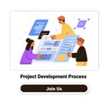 Project development process teamwork collaboration people working on digital project colorful elements white background