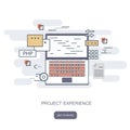 Project experience concept. Flat style, thin line art design. Set of application development, web site coding, information Royalty Free Stock Photo