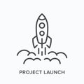 Project launch line icon. Vector outline illustration of starting up rocket. Business startup pictorgam