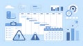 Project Management and Business Planning Illustration Featuring a Gantt Chart, Calendar, Data Analytics, Process Gears, and Risk Royalty Free Stock Photo