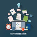 Project management. Clock, hourglass, to-do list, office supplies, laptop and smartphone. Flat illustration