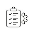 Project Management Line Icon. Gear, Clipboard and Project Setting Checklist Outline Icon. Efficiency Linear Pictogram