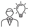 Project management man in suit, light bulb, good idea vector icon illustration