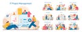 IT project management set. Stages from planning to execution displayed in sequential illustrations. Royalty Free Stock Photo