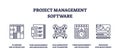 Project management software icons outline key tasks like scheduling, collaboration, ...