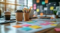 project management tools, A group brainstorming session with project management tools on a whiteboard, vibrant post-it notes,