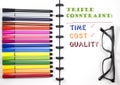 Project Management Triple constraint text on white sketchbook with color pen and eye glasses, Top View/Flat Lay Royalty Free Stock Photo