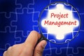Project management word. Magnifier and puzzles. Royalty Free Stock Photo