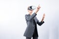Smart manager touching and managing system while using VR glasses. Contraption. Royalty Free Stock Photo