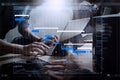 StartUp Programming Team. Website designer working digital tablet dock keyboard and computer laptop with smart phone and compact