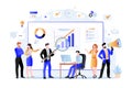 Project managers and business marketers analyzes data, develops product promotion strategy. Vector flat illustration Royalty Free Stock Photo